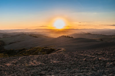 Scenic view of landscape against sky during sunset