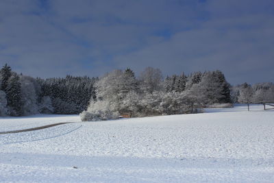 Snow covered field against sky