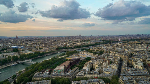 High angle view of city buildings during sunset