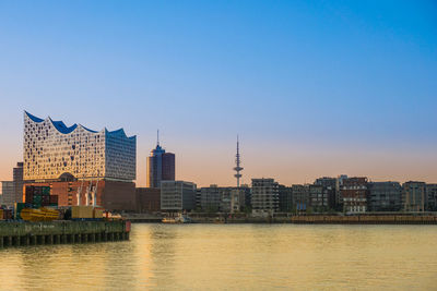 River by cityscape against clear sky