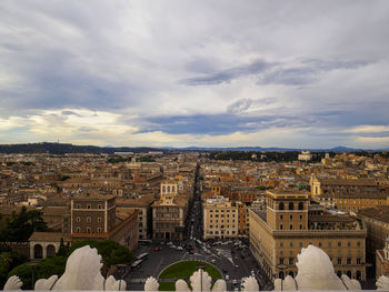 High angle view of cityscape against cloudy sky