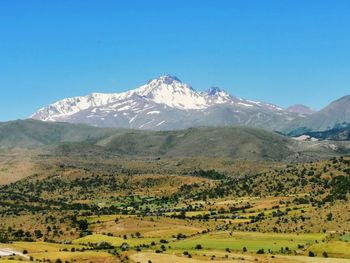 Scenic view of mountains against clear blue sky