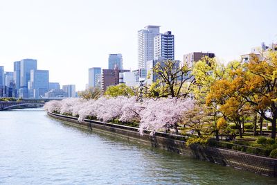 View of river by buildings against clear sky
