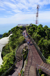 High angle view of people on footbridge