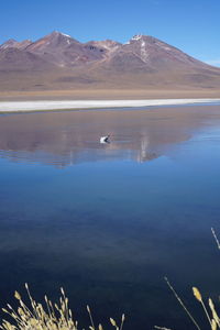 Scenic view of lake by mountains against sky