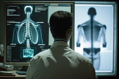 Doctor seen from behind reviewing x-rays.