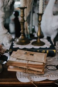 High angle view of books on table