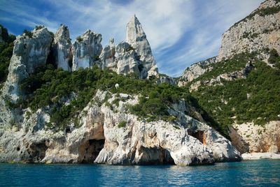 Panoramic view of rock formation by sea against sky