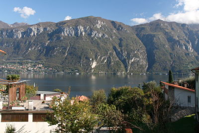 Scenic view of lake and mountains against sky
