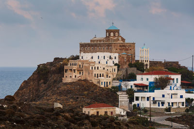 Morning view of psara village and agios nikolaos church.