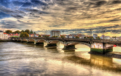 Bridge over river in city against sky during sunset