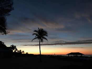 Silhouette palm trees on beach against sky at sunset