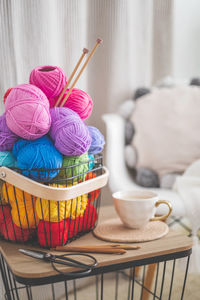 High angle view of wool in basket