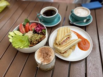 High angle view of breakfast on table