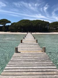 Pier amidst trees against sky