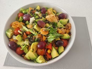 High angle view of salad in bowl on table