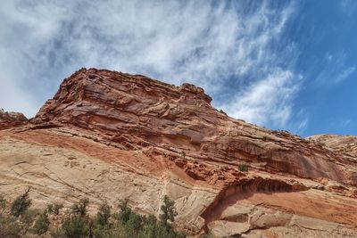 Low angle view of rock formations against cloudy sky