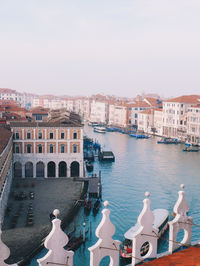 Buildings in city against clear sky