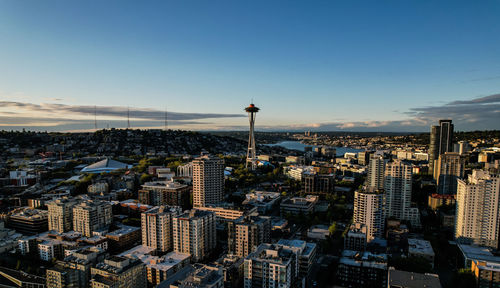 High angle view of cityscape against sky during sunset