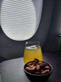 High angle view of drink in glass on table