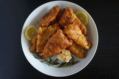 High angle view of food in plate on table