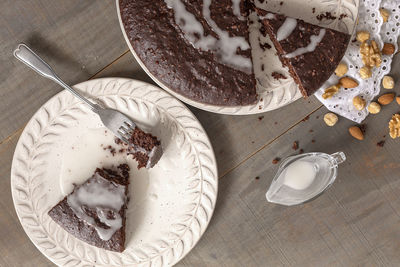 High angle view of cake in plate on table