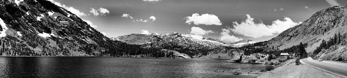 Panoramic view of lake and mountains against sky