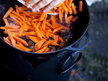 High angle view of meat in cooking pan