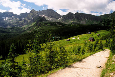 Scenic view of green landscape and mountains against sky