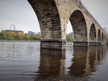 Reflection of bridge in water against sky