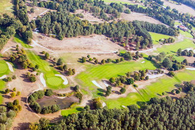 Aerial view of a golf course in the north german heath landscape