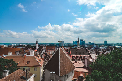 High angle view of buildings against sky