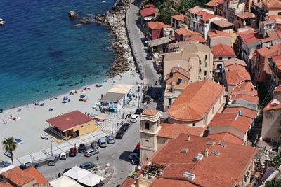 High angle view of buildings in city