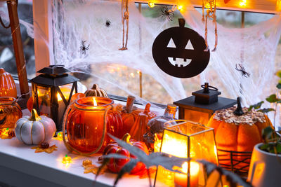 Close-up of illuminated lanterns