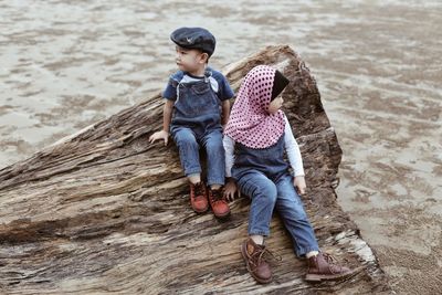 Siblings sitting on driftwood at beach