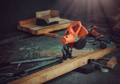 Work tool and wood at workshop