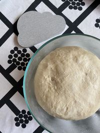 High angle view of bread in bowl on table