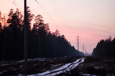 Road by trees against sky during winter