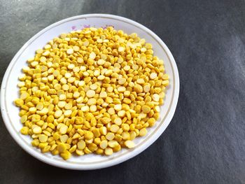 High angle view of eggs in bowl on table