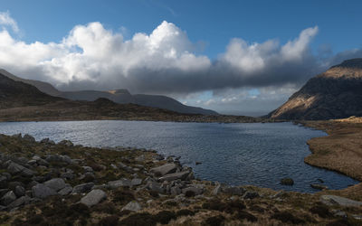 Scenic view of sea and mountains against sky