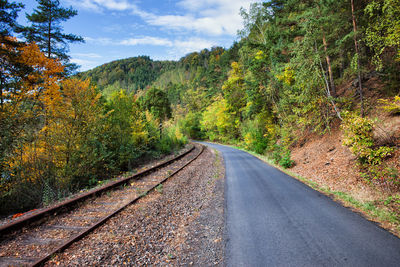 Road amidst trees against sky during autumn