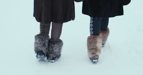 Low section of females walking on snow covered land