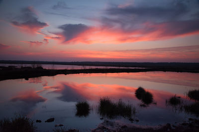 Scenic view of lake against orange sky