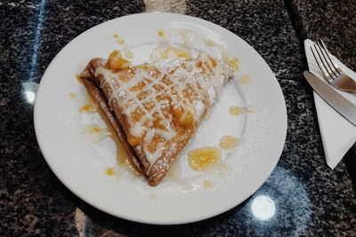 High angle view of dessert served on table