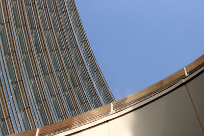 Low angle view of modern building against clear blue sky