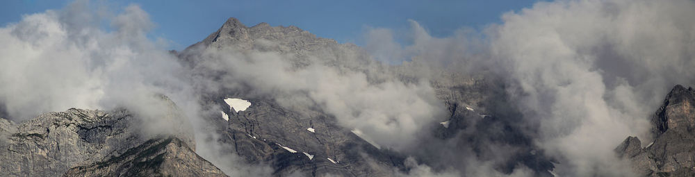 Low angle view of snowcapped mountains against sky