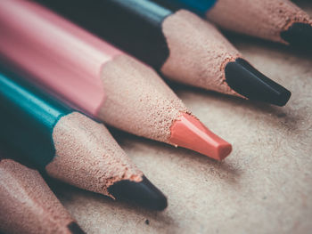 High angle view of colored pencils on table