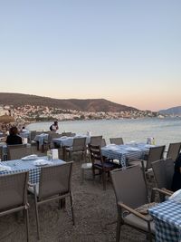 Restaurant in bodrum by the aegean sea. sunset, golden hour