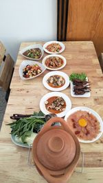 High angle view of food served on table