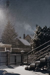 Houses and trees against sky during winter